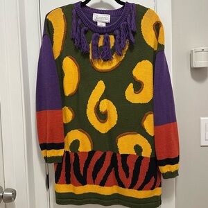 Vintage 1993 Santoria Tassle Neck Sweater Womens M Funky Colorful Vibrant Wacky